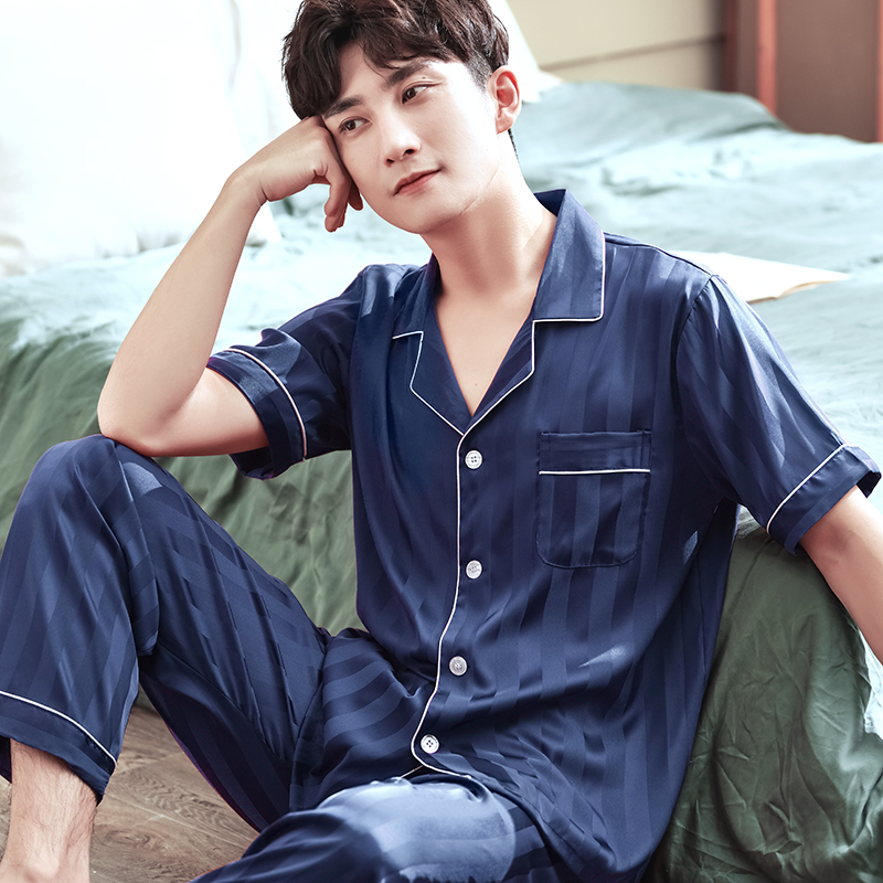 mens lụa ngắn tay pajama set mùa hè mỏng cỡ lớn băng cardigan giản dị loose-fitting mặc nhà hai mảnh bộ.