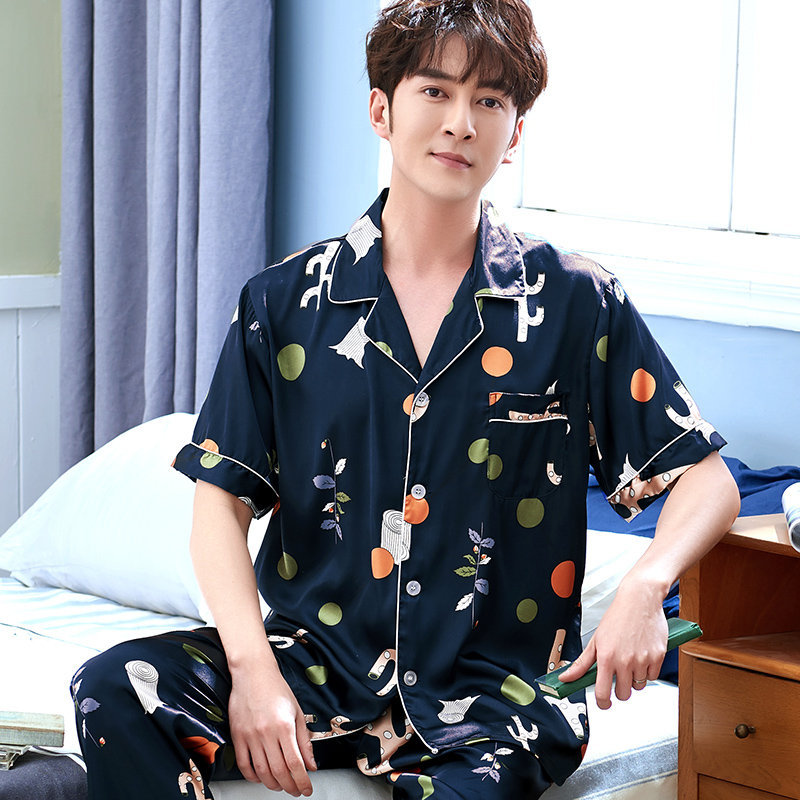 Bộ đồ ngủ mens mùa hè mỏng lụa băng mens lụa pajama phù hợp với kích thước lớn thường thời trang tối mùa xuân và mùa thu nhà mặc.