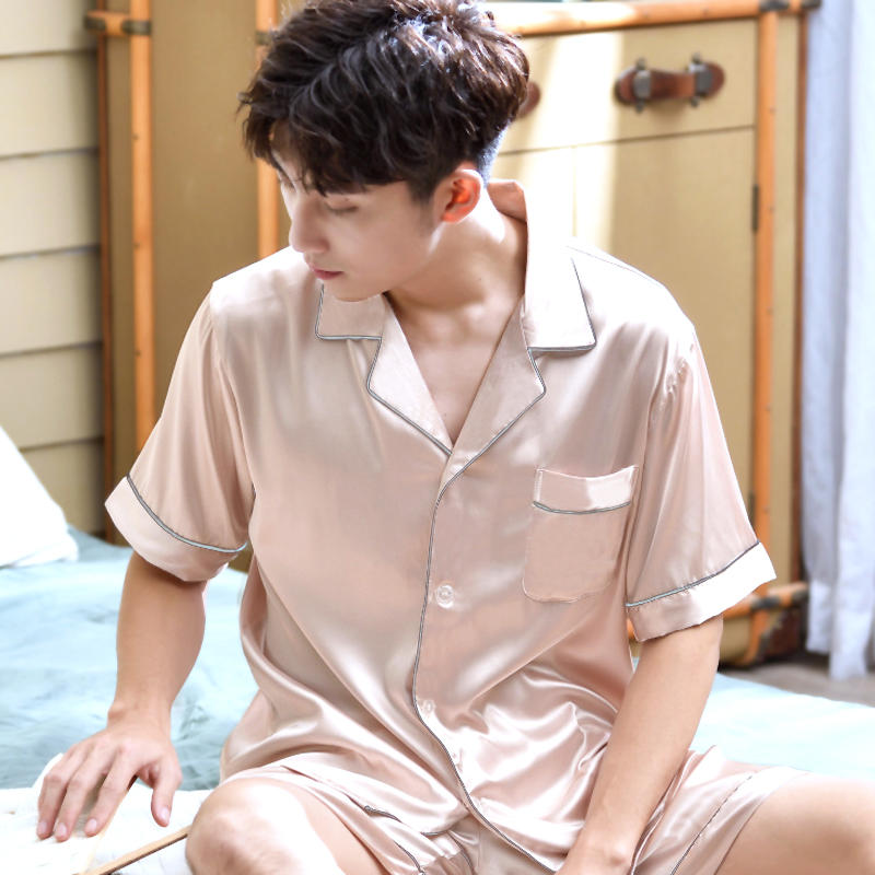 Mens mỏng ngắn tay lụa băng pajama thiết lập kích thước mùa hè tươi đơn giản lụa giản dị về nhà mặc hai mảnh bộ.