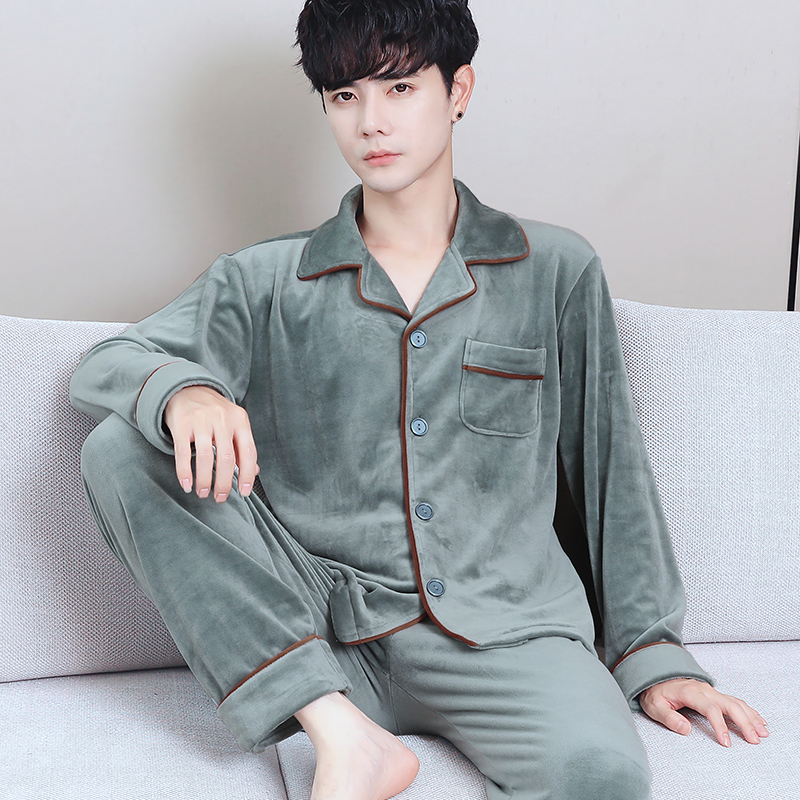 Sleepwear Men's Autumn Winter Style Island Suede Thickening Warm Long Sleeve Coral Suede Male family Guy with Spring and Autumn Big Code Two sets-Taobao