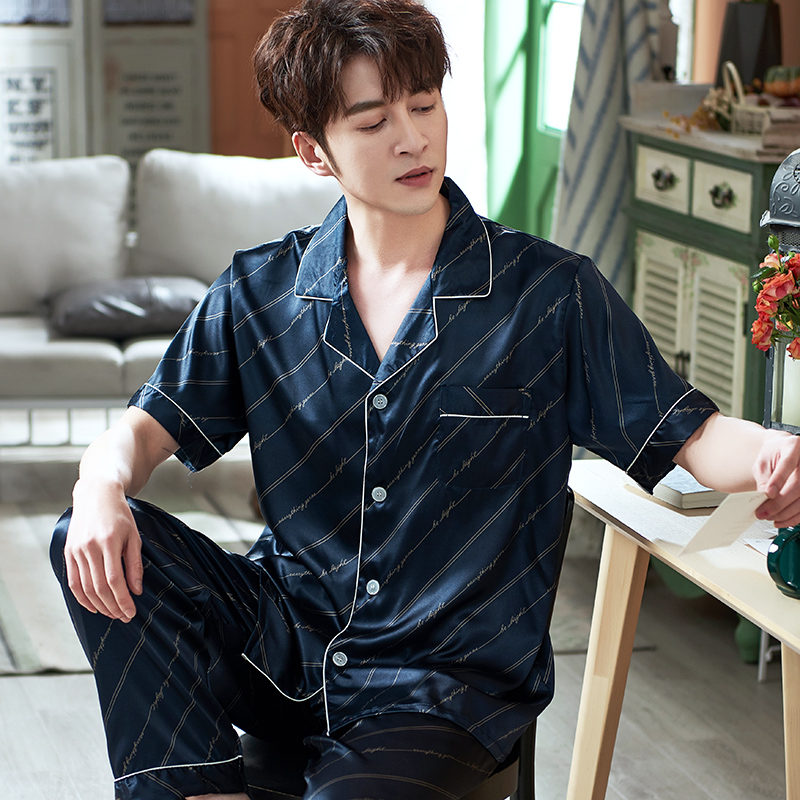 mens lụa ngắn tay pajama set mùa hè mỏng cỡ lớn băng cardigan giản dị loose-fitting mặc nhà hai mảnh bộ.