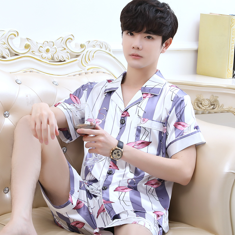 Mens mỏng ngắn tay lụa băng pajama thiết lập kích thước mùa hè tươi đơn giản lụa giản dị về nhà mặc hai mảnh bộ.