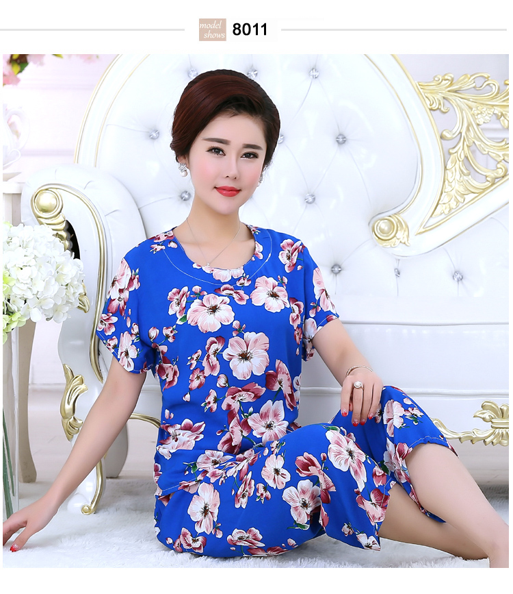 Bộ đồ ngủ mùa hè của phụ nữ ngắn tay phù hợp với trung niên bông mẹ ăn mặc mùa hè kích thước lớn vài bông lụa nhà dịch vụ mùa xuân và mùa thu mô hình shop đồ đôi nam nữ