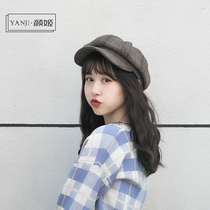  Hat female spring plaid woolen octagonal hat Korean version of Japanese wild beret literary retro duck tongue painter hat