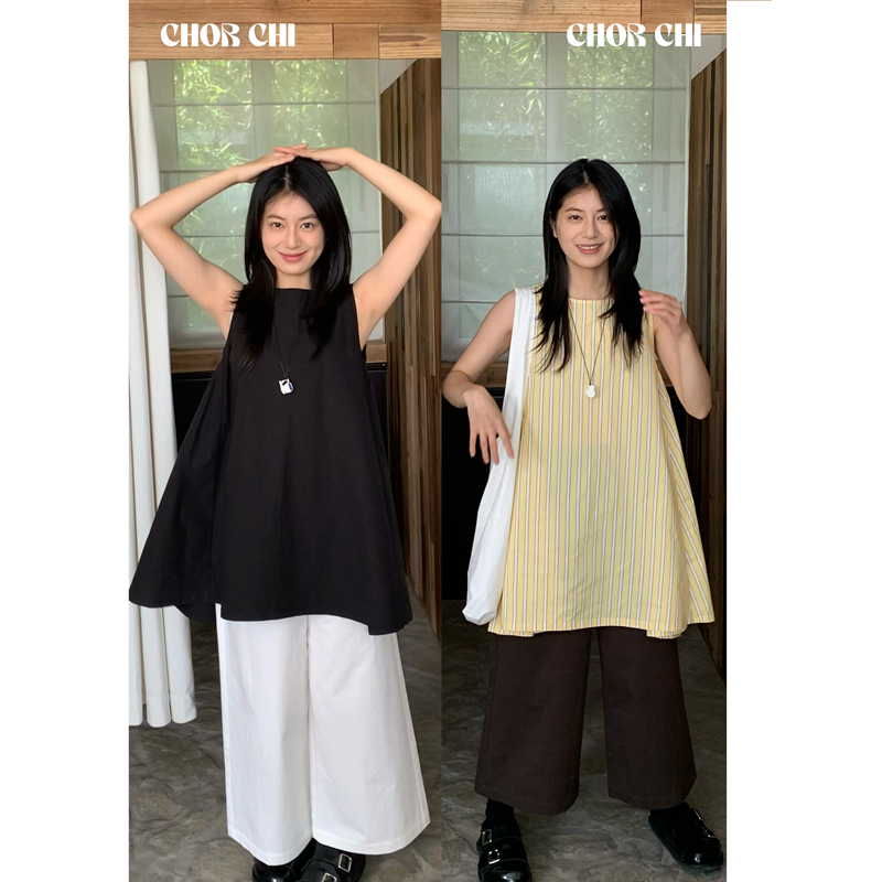 Chor Chi 「Xiao Zhu」Japanese-Style Pleated Reversible Vest Sleeveless Mini Skirt Black/Yellow Stripes