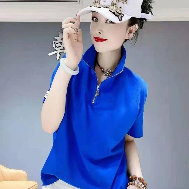 Klein Blue Polo Collar Pure Cotton Zip-Up Loose Fit Slimming Versatile Short-Sleeve T-Shirt Women's Trendy Influencer Style Top