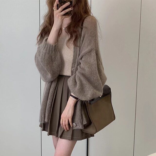 Yiyanshang lantern sleeve mohair knitted cardigan jacket for women in summer loose and lazy thin shawl outer wear