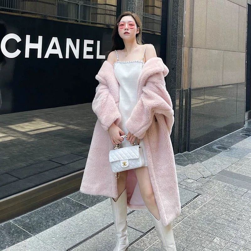 Clearance) Cherry Blossom Pink Mid-Length Lamb Wool Coat for Women Teddy Bear Style Overcoat Fleece Autumn Winter Loose Fit