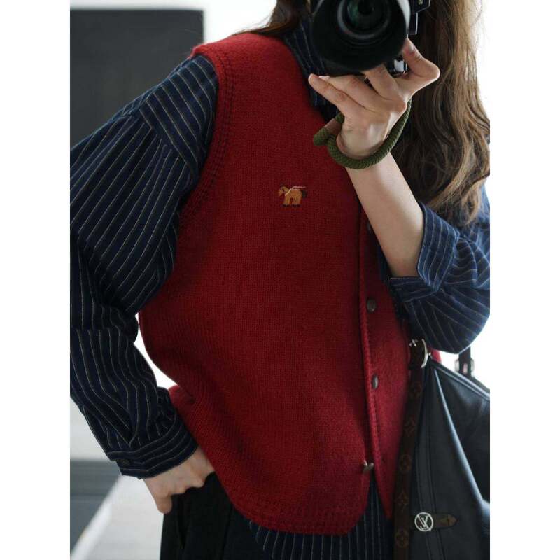Zulestudio New Year's Outfit Red Little Horse Embroidery V-Neck Knitted Vest Cardigan Sweater Vest