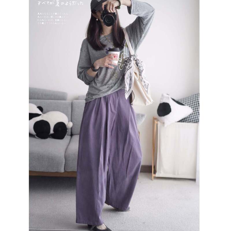 Zulestudio Korean-Style Simple, Comfortable, Relaxed, Semi-Elastic, High-Waisted, Loose-Fitting, Slimming Casual Wide-Leg Pants for Spring and Summer