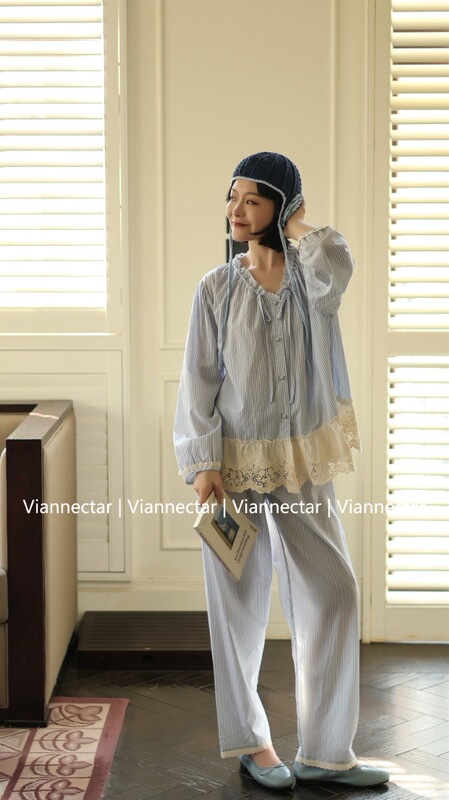 26 New Models of Wei'An Floral Blue and White Striped Pure Cotton Women's Spring and Summer Long-Sleeve Long-Pants Loose Loungewear That Can Be Worn Outside