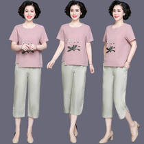 Mother Summer Clothing Cotton Linen Short Sleeve T-Shirt Mid-Old Suit Woman Mid-Year Foreign Air Reduction Two Sets 2020 New