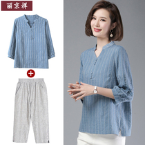 Mother Summer Clothing Foreign Air Weight Reduction Two Sets 2022 New Middle Aged Cotton Linen Short Sleeve T-shirt Blouse Women Suit