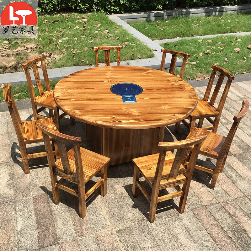 Carbonated Solid Wood Hotel Table And Chairs Hotpot Table Wooden Box Table Casual Farm Restaurant Dining Room Dining Room Round Table Induction Cookers