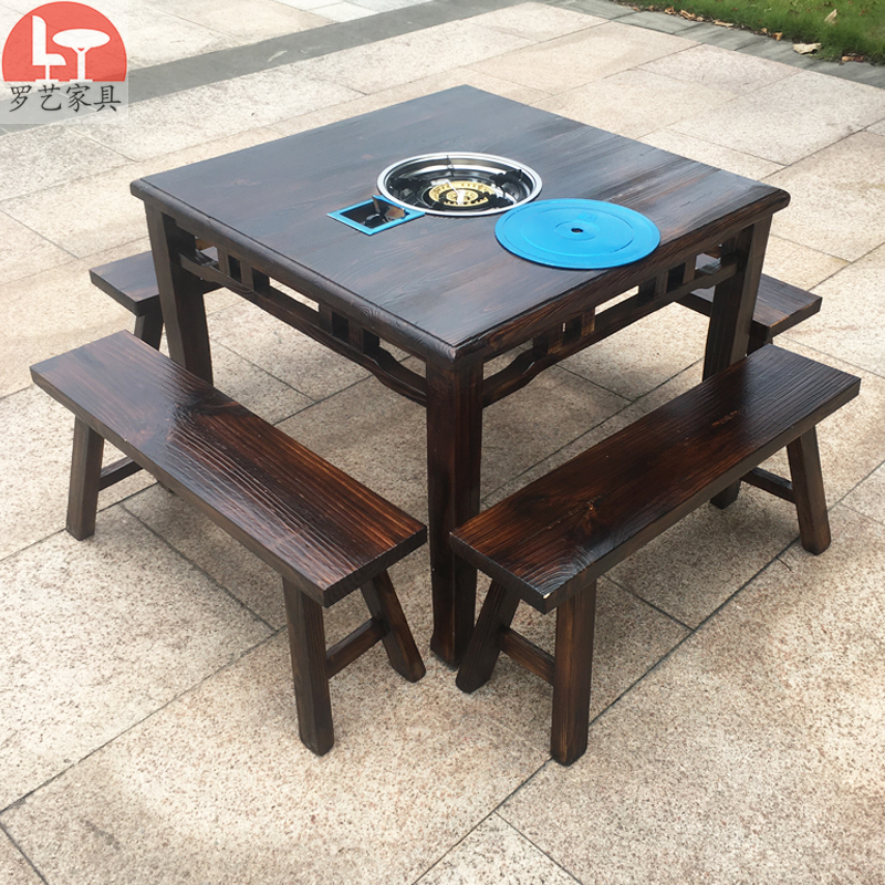 Solid wood hot pot table retro Baxian table restaurant leisure farm square table barbecue table barbecue table morning tea shop square table