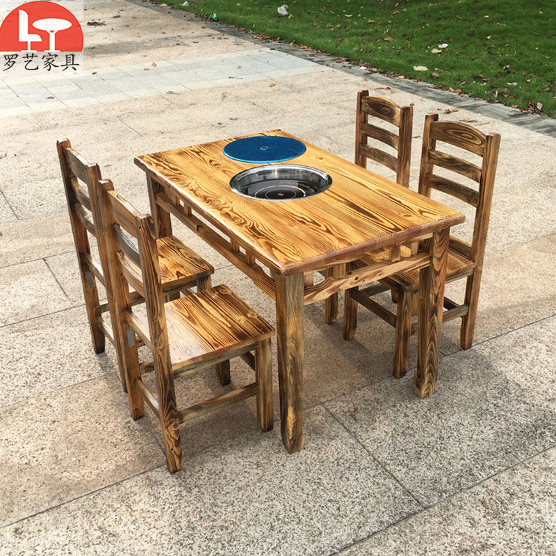 Hot pot restaurant table and chair restaurant rectangular table barbecue table and chair barbecue table leisure farm dining room Baxiantai induction cooker