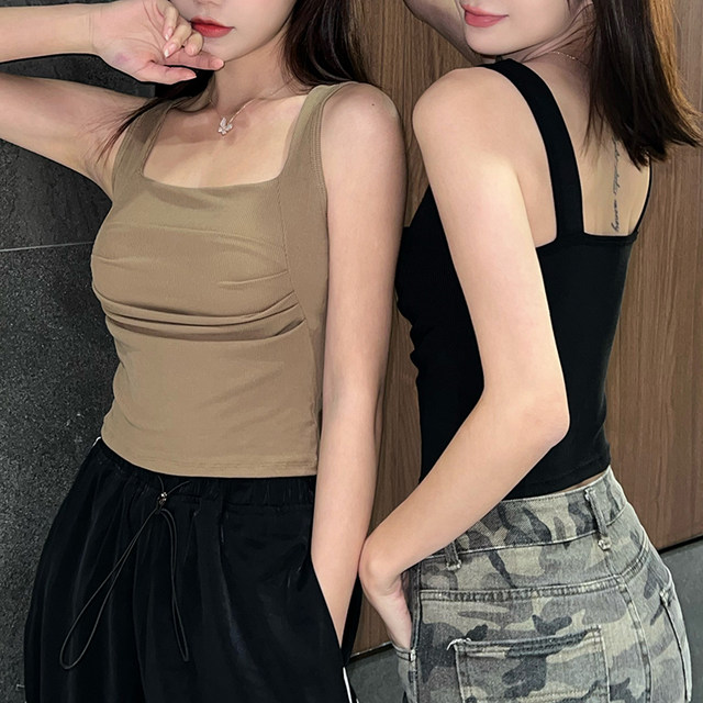 Pure desire wind pleated small camisole female summer short section hot girl backless self-cultivation short section solid color bottoming top tide