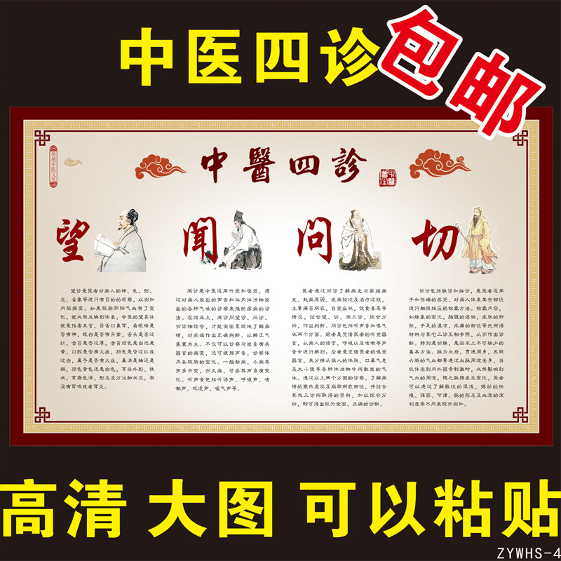 Chinese medicine clinic decorative wall stickers Chinese medicine four diagnosis look, hear and cut knowledge poster hospital department picture wall chart