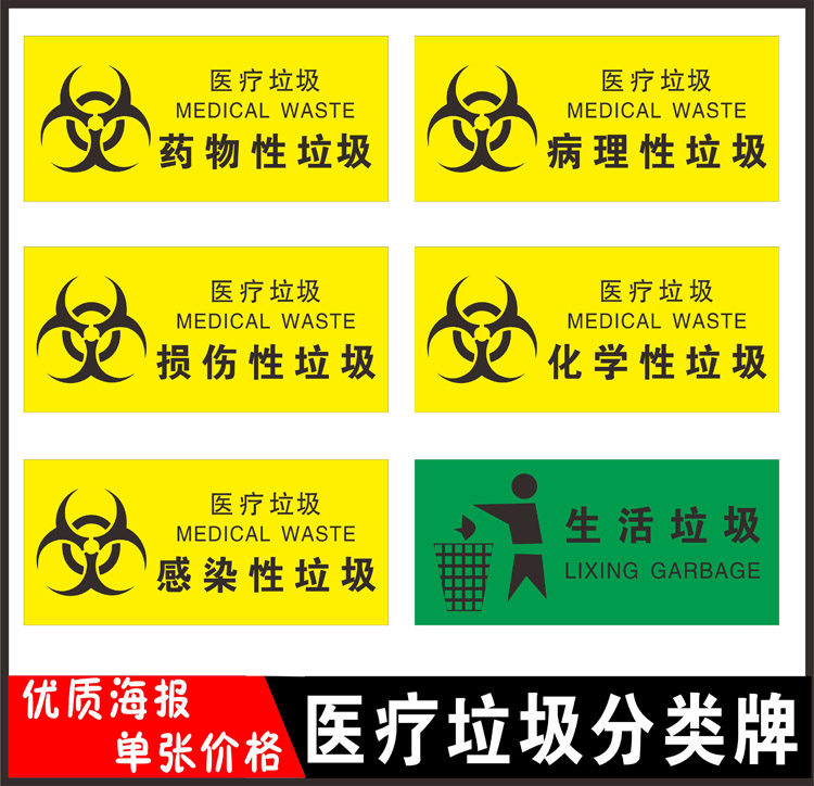 Hospital waste classification labels, temporary storage of medical waste, warnings, no smoking, diet signs