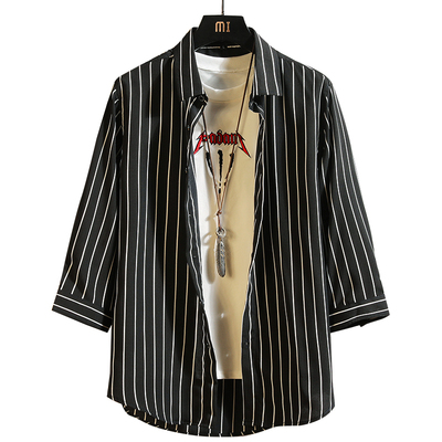 2021帅气ins港风男装七分袖夏季新款条纹衬衣百搭男装