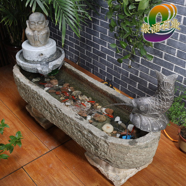 Old Stone Trough Fish Tank Balcony Landscape Green Stone Head Raised Fish Pool Patio Sink Indoor view stone mill Flowing Water Pendulum