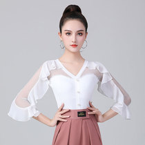 Dambao Roo 70% Sleeves Lotus Leaf Side Dancing Clothes Conjoined White Latin Dance Suit Dancing Blouses Womens New Dancing Clothes
