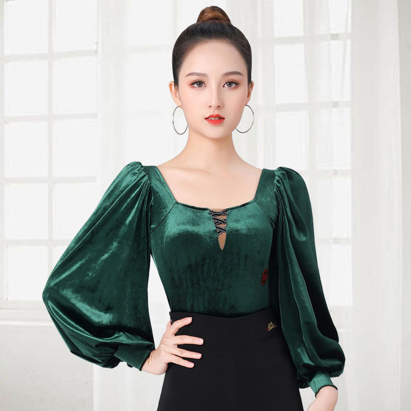 Dan Baoluo social dance clothes top new velvet lantern sleeves dark green national standard dance practice clothes autumn Latin dance clothes