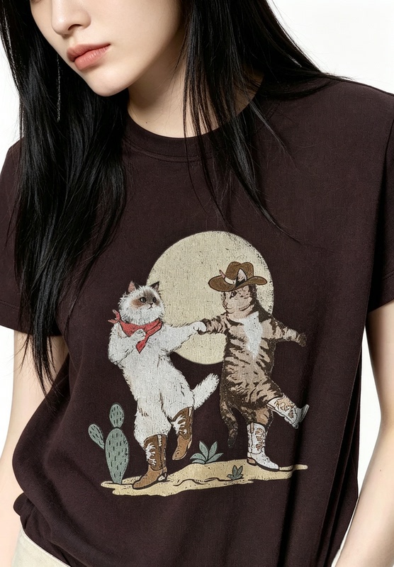 Authentic Short-Sleeved T-Shirt 2026 Autumn New Product Xinjiang Cotton 5A Antibacterial Cat Print Western Retro Mbf3Teet07