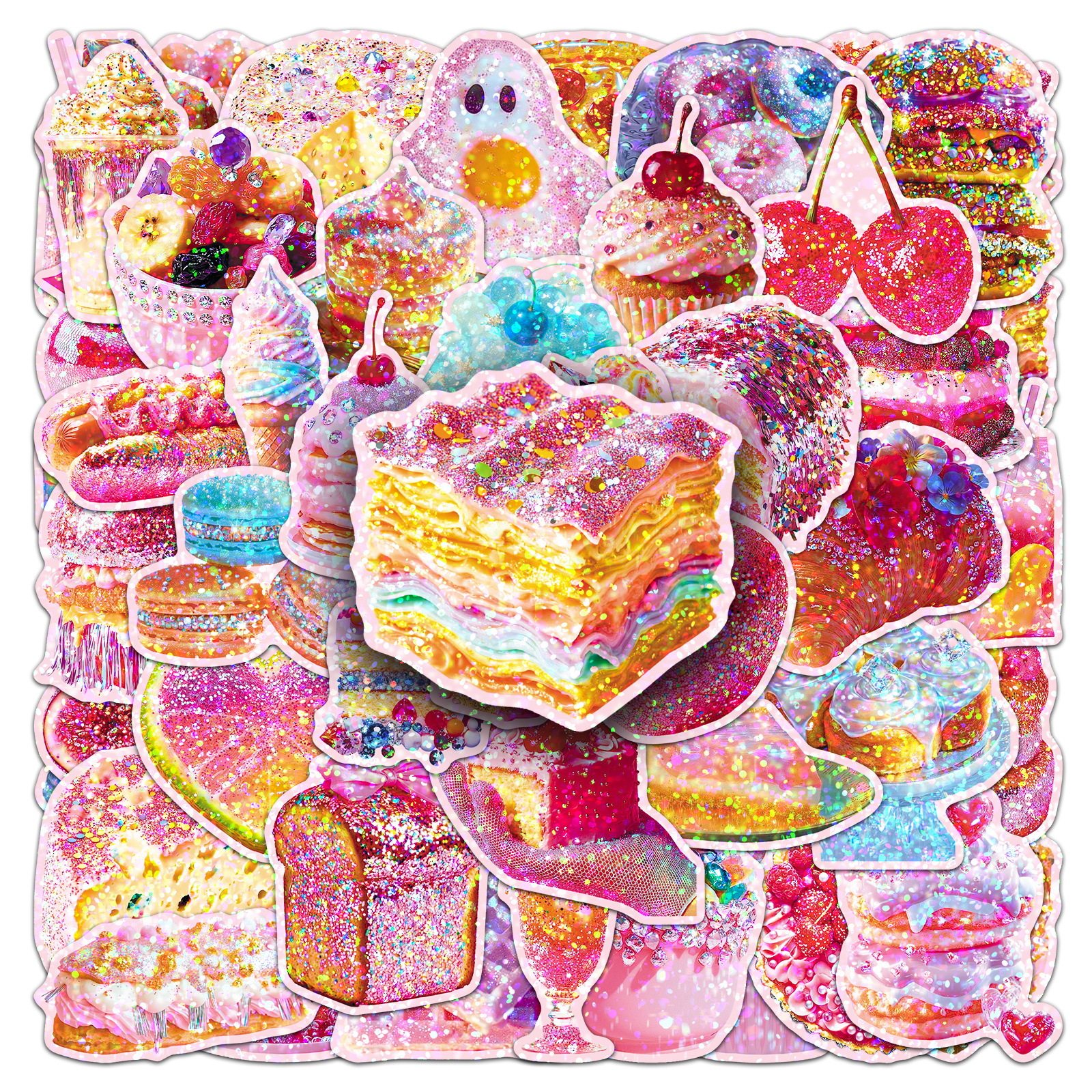 レーザースイートオーバーロードステッカー50枚セット、クールなホログラフィックデザートフード防水装飾冷蔵庫文房具ステッカー
