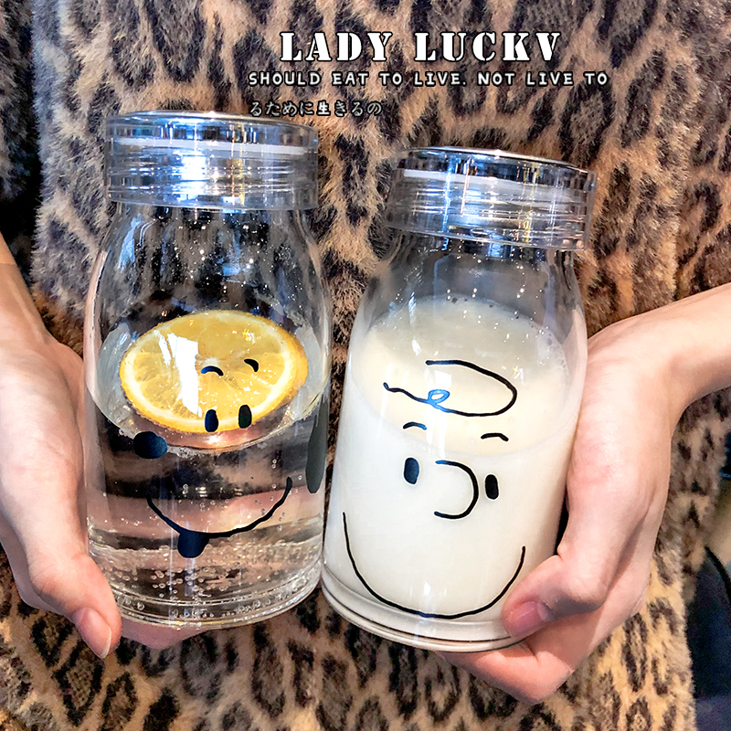 Han Style Creativity Cute Thickening Transparent Milk Glass Cups Brief Frescoed Men And Women Drinking Water Cups Anti-Leaking Accompanying Cups