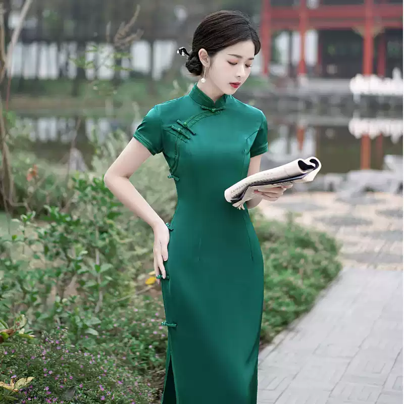 2025新款綠色桑蠶絲短袖旗袍日常簡約中國風修身顯瘦中長款低開衩旗袍