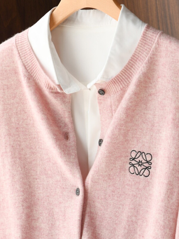 Spring and Autumn Embroidered Pink Cashmere Cardigan for Women, Round Neck Loose Sweater Coat, Wool Sweater, Korean Style Knitwear Outerwear