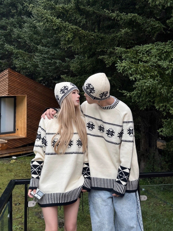 Fair Isle Sweater Couple Outfits for Autumn and Winter, Super Popular on Instagram, Loose and Lazy Nordic Style Snowflake Christmas Knitwear
