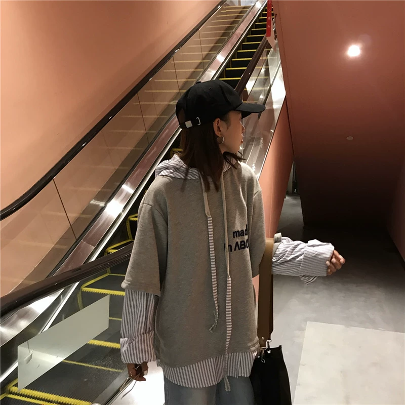 Phong cách Harajuku oversize lỏng lẻo đầu trùm đầu thêu thư dài tay giả hai mảnh siêu lửa áo len bất thường mùa thu