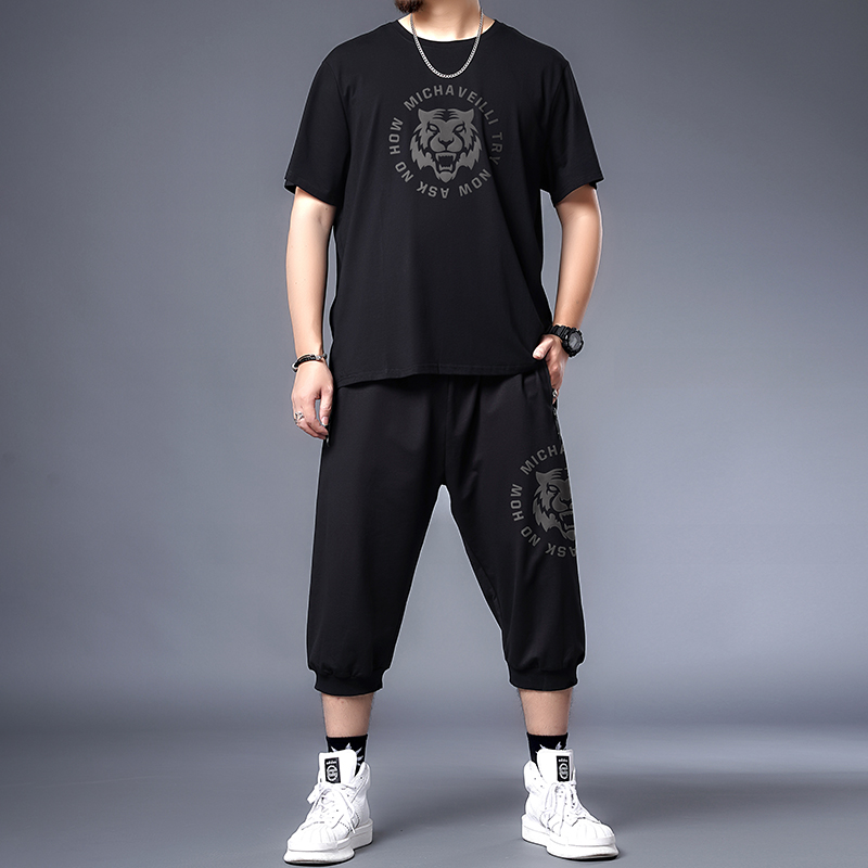 trendy fat summer casual suit men's fattening plus loose capris two piece one suit large sportswear