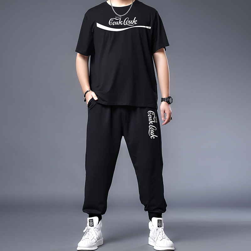 trendy fat summer casual suit men's fattening plus loose capris two piece one suit large sportswear