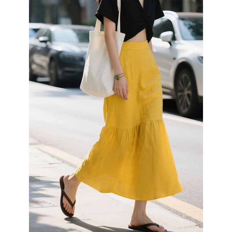 High-End, Stylish, and Fashionable Drapey Resort-Style 2026 Spring New Yellow Mid-Length Linen Skirt for Women