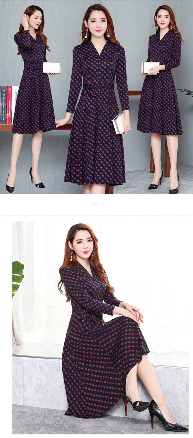 Váy chấm bi mùa thu 2018 mới của phụ nữ thời trang tay dài phần cổ chữ V khí chất một từ váy hoa cỡ lớn mẫu đầm xòe tuổi trung niên