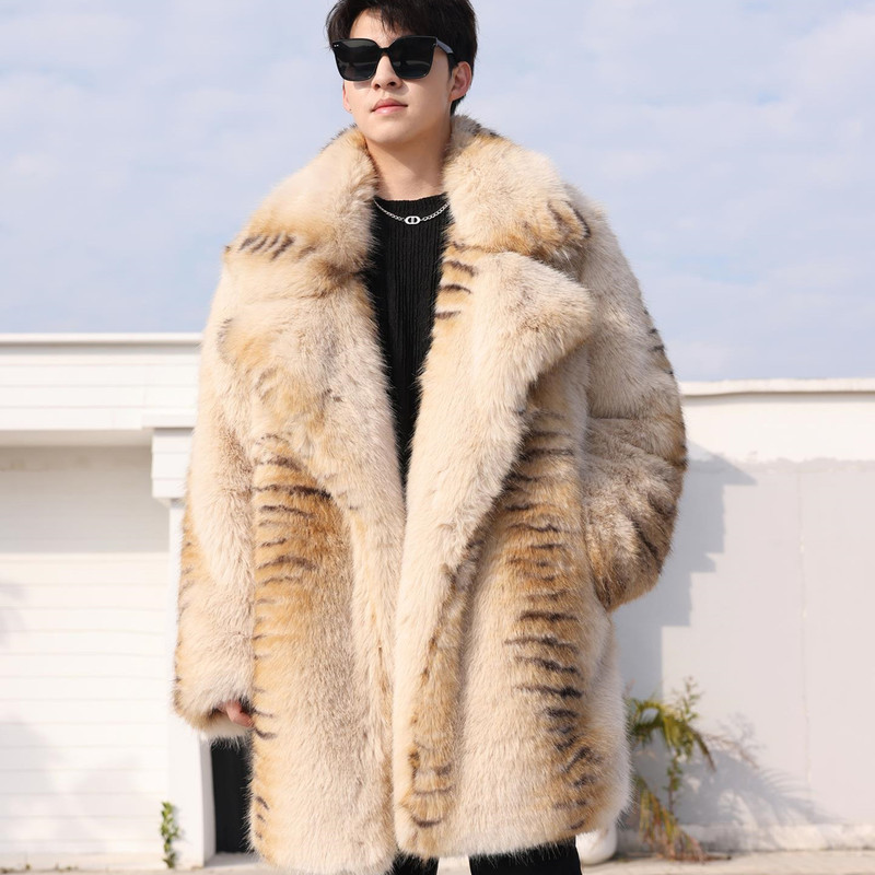 Winter New Eco-Friendly Fur Coat for Men, Faux Fox Fur Mid-Length Fur Coat, Loose Thickened Warm Cotton Coat