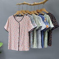 Middle-aged and elderly women's summer pajamas, pure cotton silk thin short-sleeved tops and cardigans, women's summer wear, home wear