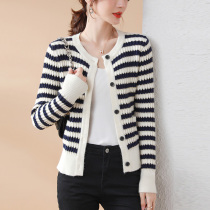 Hengyuanxiang sweater coat cardigan womens outside 2021 Spring and Autumn New striped knitted wool sweater early autumn coat