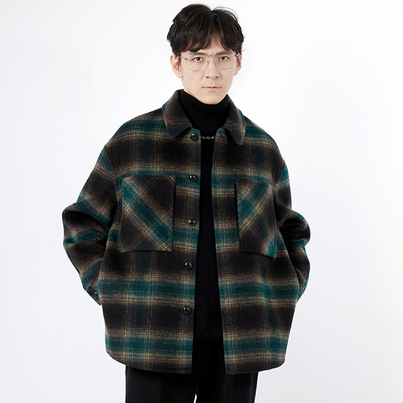 25 Autumn/Winter New Green Plaid Double-Sided Wool Shirt-Style Coat Men's Lapel Woolen Casual Warm Jacket