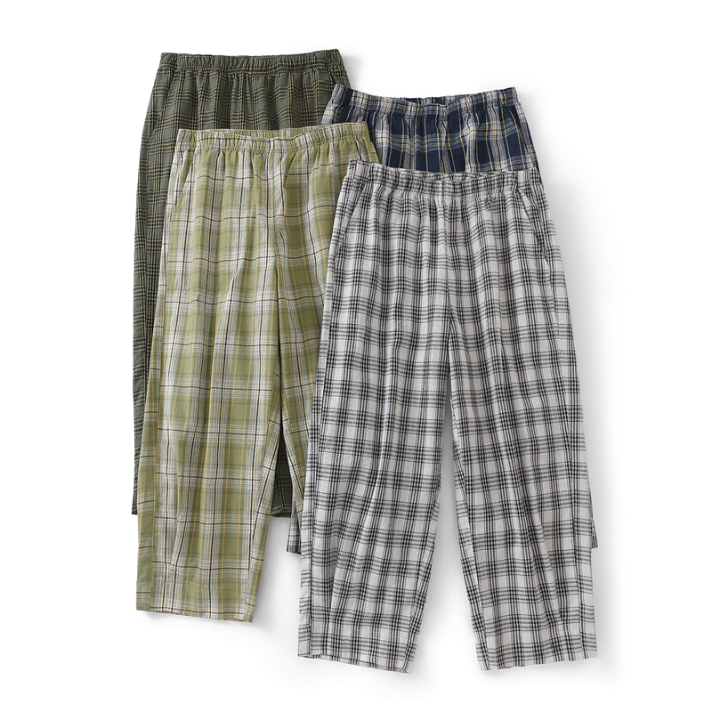 Men's Lightweight Breathable Plaid Cropped Pants Summer Pure Cotton Loose Casual Pants Elastic Waist Loose Home Sleep Pants Men's Lightweight Breathable Plaid Cropped Pants Summer Pure Cotton Loose Casual Pants Elastic Waist Loose Home Sleep Pants