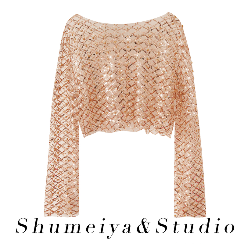 European and American Heavy-Duty Sequin Beaded Short Top, Sexy See-Through Blouse, Plaid Mesh Lace Shirt for Women