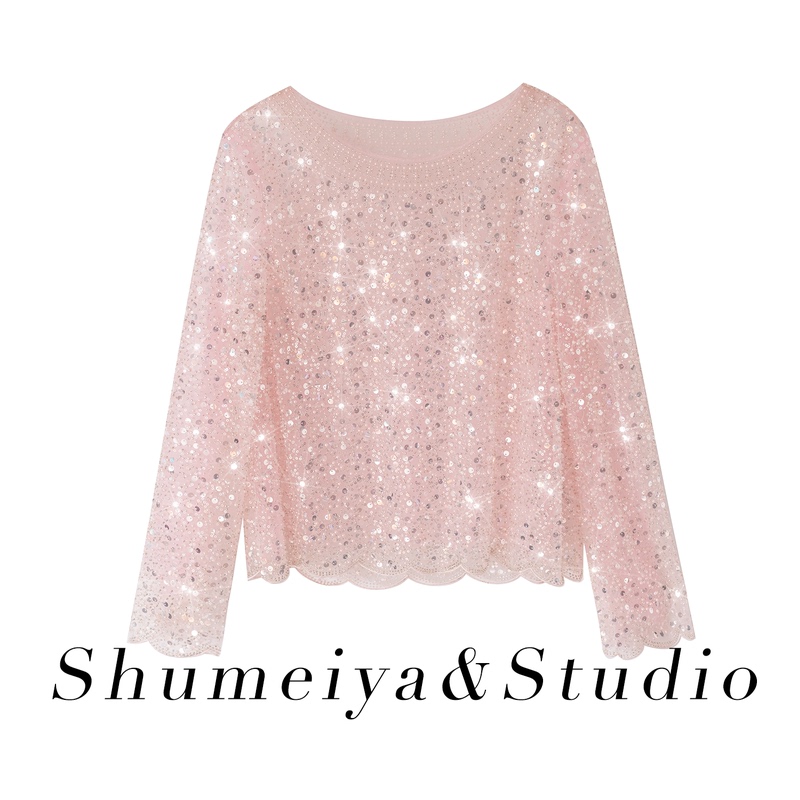 Elegant Socialite Heavy-Duty Sequin Beaded Top, Loose and Sexy See-Through Lace Sequin Long-Sleeve Mesh Shirt for Women Elegant Socialite Heavy-Duty Sequin Beaded Top, Loose and Sexy See-Through Lace Sequin Long-Sleeve Mesh Shirt for Women