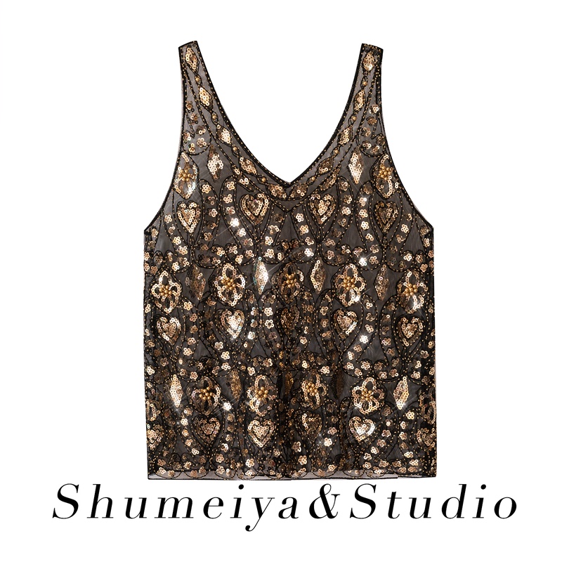 European and American Style Heavy-Duty Sequined Camisole, Sexy See-Through Lace Mesh Beaded Top for Women