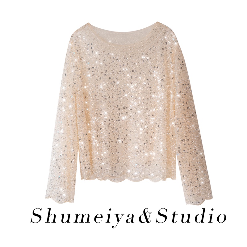 Fashionable, Accessible Luxury, High-End Feel, See-Through Mesh Sequin Long-Sleeved Top, Heavy-Duty Sparkling Sequin Pearl Lace Shirt for Women