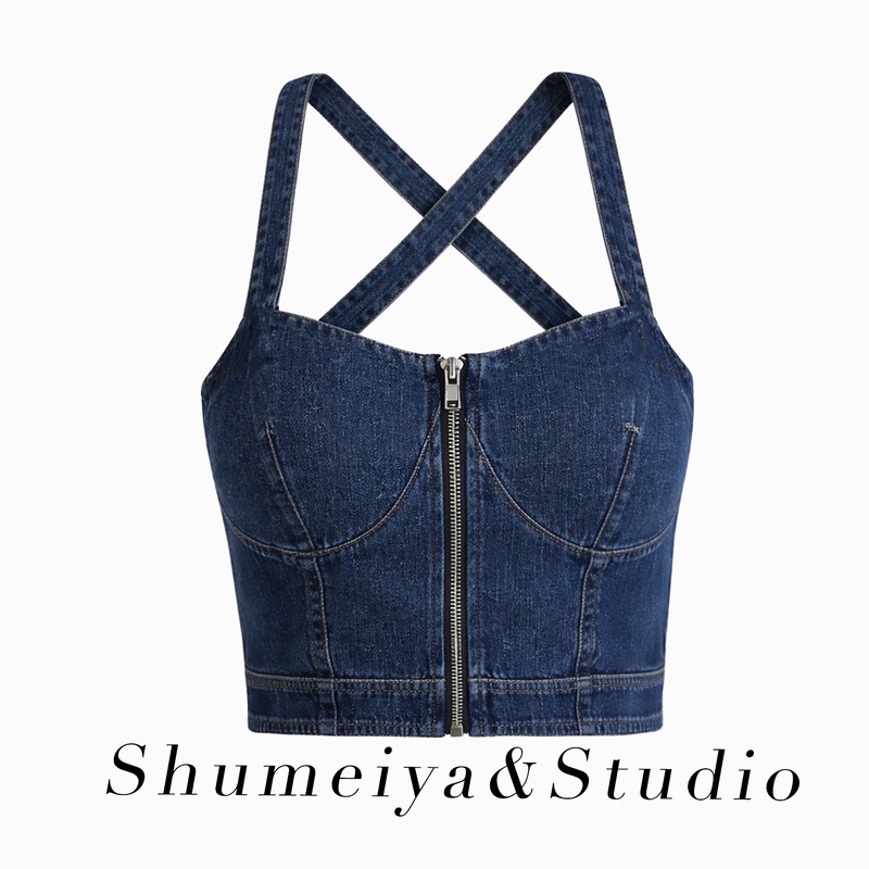 Hong Kong Style Denim Camisole Outerwear Slim Fit Short Crop Top Revealing Navel Sexy Hot Girl Sleeveless Tube Top for Women