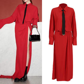 New european and american elegant style shirt dress 2025 lapel tie sexy high waist slit dress for women