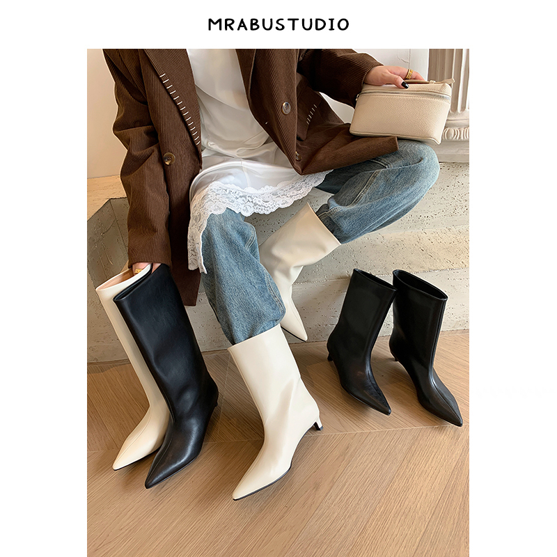 Genuine Leather French-Style Pointed Toe 3cm Kitten Heel Wide-Mouth Short Boots, Wide-Leg Chunky Boots, Soft Leather High-Leg Long Boots for Women